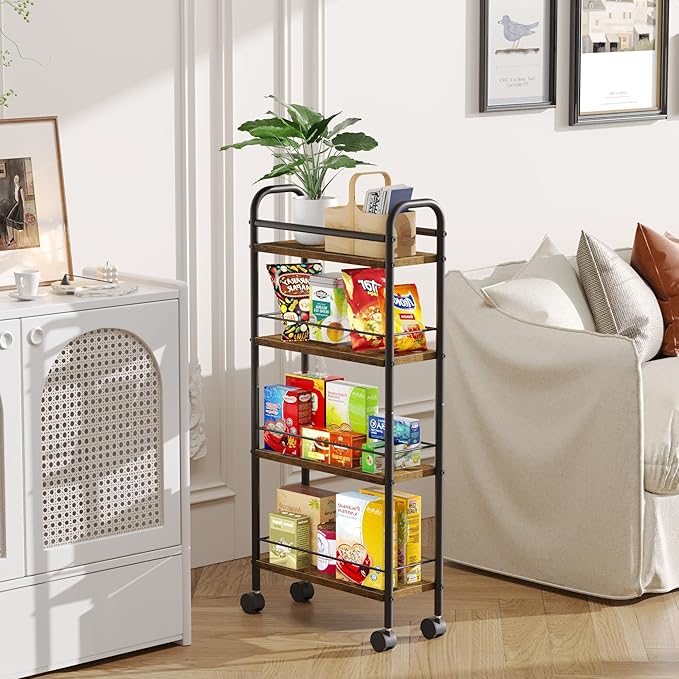 Slim Storage Cart, 4-Tier Small Rolling Cart with Wheels, 5.9" Deep, Narrow Bathroom Shelf Trolley for Kitchen, Bathroom, Laundry Room, Rustic Brown Standard 4-Tier (5.9" W x 33.6" H)