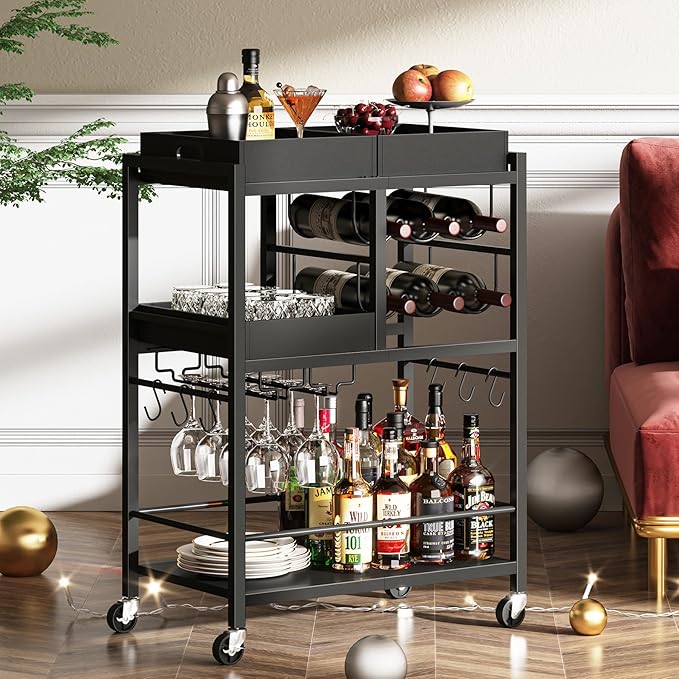 TUTOTAK Bar Cart, Home Bar Serving Cart, 3-Tier Kitchen Cart on Wheels, Rolling Beverage Cart with Wine Rack and Glass Holder, Black BC01BK037