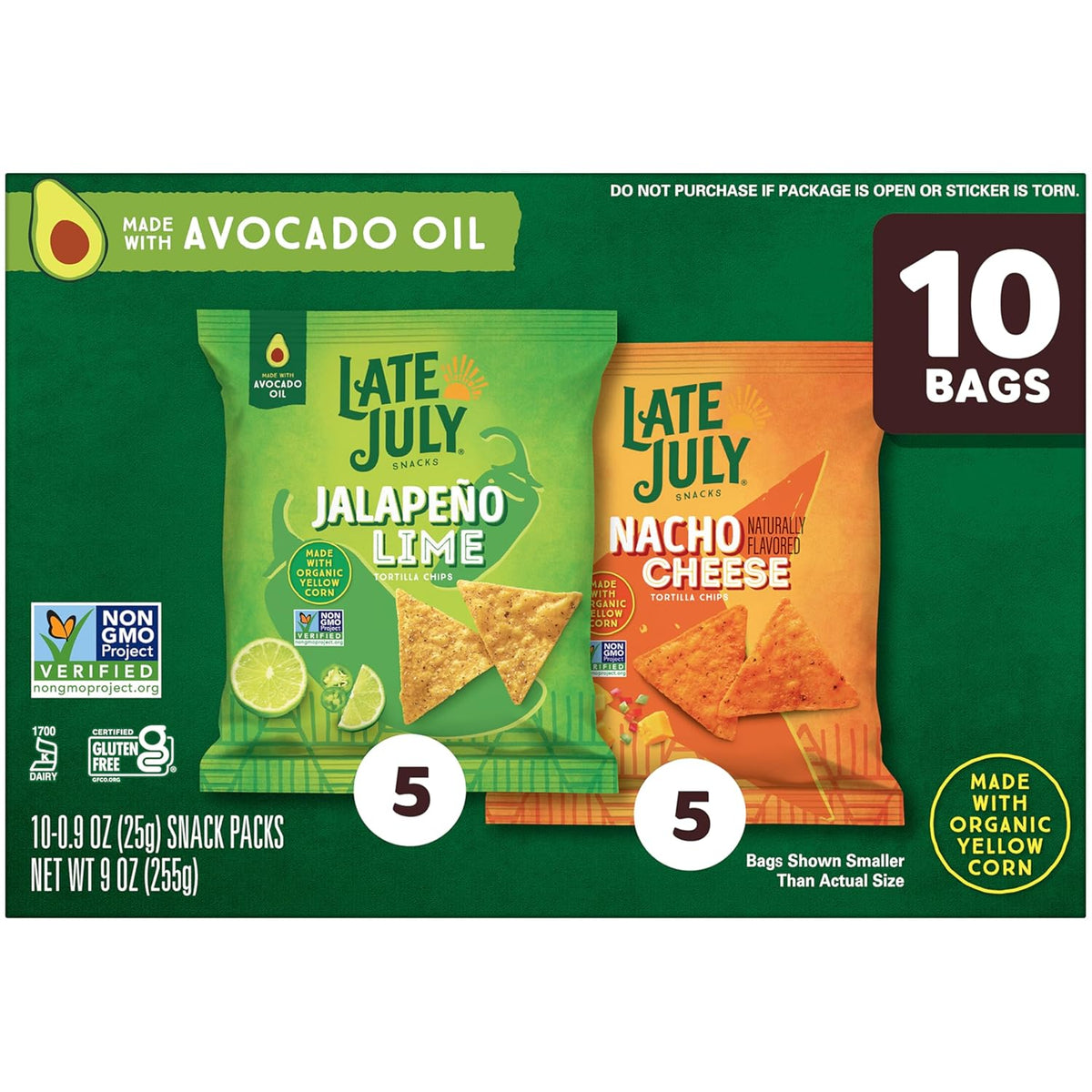 LATE JULY Snacks Variety Pack Tortilla Chips, 0.9 Oz 10 Count Snack Bags