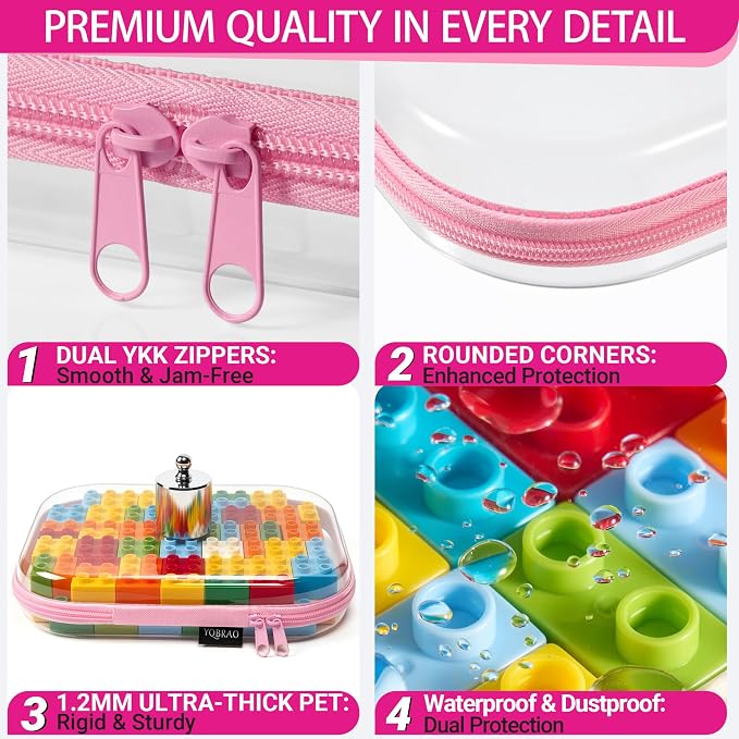 YQBRAO 4-Pack Clear Hard Shell Zipper Case, 1.2mm Ultra-Thick Diaper Bag Organizer Pouches, Rigid Self-Standing Travel Makeup Bags with YKK Zippers, TSA Approved, Pink