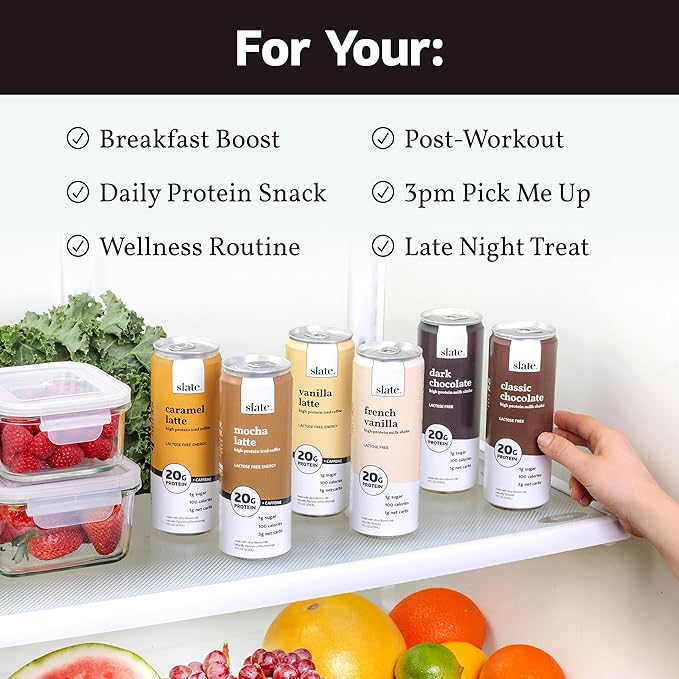 Slate Milk - High Protein Milk Shakes -Neapolitan Variety Pack -Classic Chocolate, Classic Strawberry, French Vanilla -Lactose Free, 20g Protein,1g Sugar,100 Calories,1-2g Net Carbs -11 fl oz,12 Cans