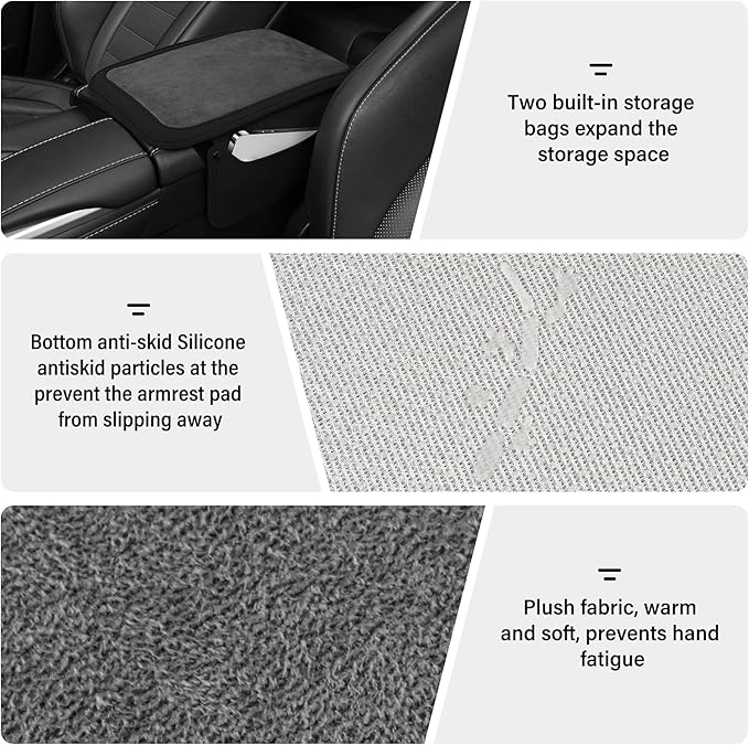 SINGARO Car Leather Furry Center Console Cover with 2 Storage Bags, Universal Fluffy Car Armrest Seat Box Pad, Comfortable Car Interior Accessories, Fits for Most Vehicles (Black)