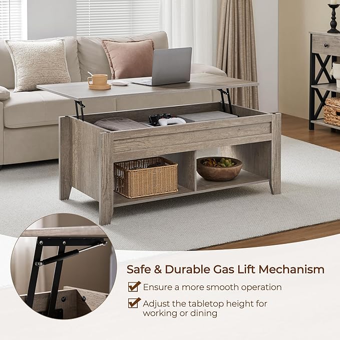 Yaheetech Lift Top Coffee Table, Coffee Table with Hidden Storage Compartment & Lower Shelf, 39.5in Center Table for Living Room, Office, Grey