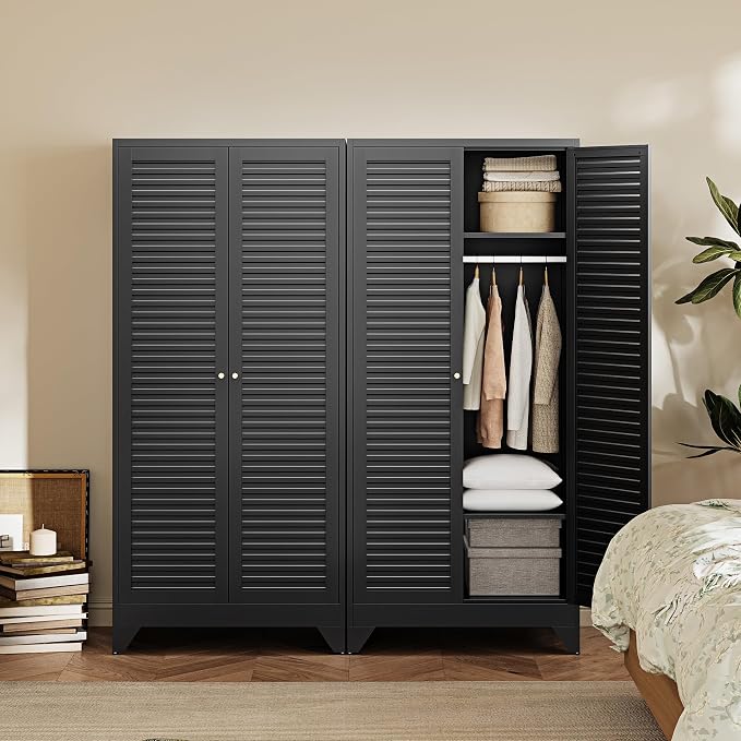 Letaya Armoire Wardrobe Closet,20" Deep Metal Wardrobe Cabinet with Doors and Shelves,Hanging Rod Clothing Storage Cabinets for Home RoomBlack