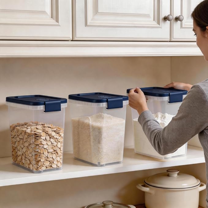 Tight-Lock Rice Container 10-15 Lbs - Airtight Flour Container with Scoop - Plastic Food Storage Container for Cereal, Sugar - Dry Food Dispenser for Kitchen, Pantry Organizers and Storage - Dark Blue