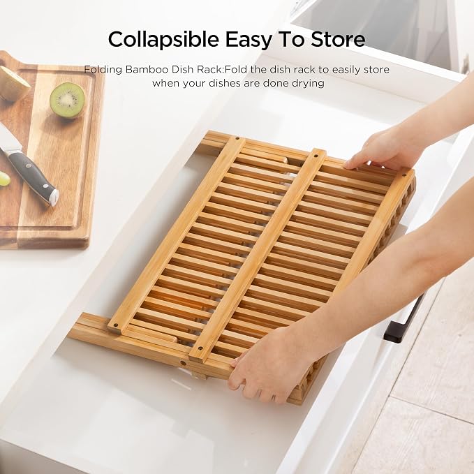 Bamboo Dish Drying Rack with Utensil Holder, 3 Tier Collapsible Dish Rack for Kitchen Counter, Large Folding Drying Holder, Dish Drainer, Kitchen Organizers and Storage
