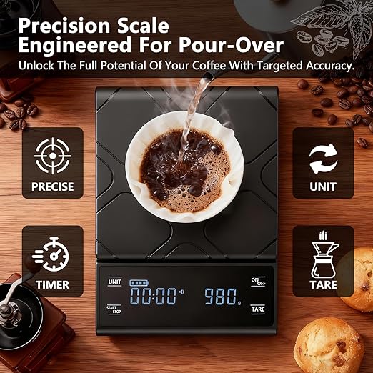 Coffee Scale High Precision 3kg/0.1g Coffee Scale with Timer Food Scale Kitchen Scale Backlit LCD for Espresso, Pour Over & Drip Brewing,Coffee Bar Accessories Rechargeable Includes Batteries(Black)