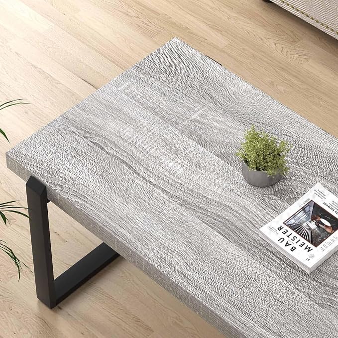 FOLUBAN Modern Coffee Table, Rustic Wood and Metal Center Table, Rectangle Cocktail Tea Table for Living Room, Light Grey, 47 Inch