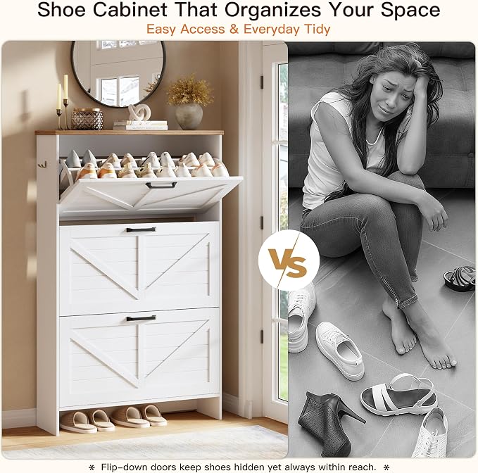 Shoe Storage Cabinet for Entryway, Nicetree Freestanding Shaker Barn Door Ultra Slim Shoe Cabinet With 3 Flip Drawers, Farmhouse Shoe Rack With 3-Tier Adjustable Shelves For Hallway Foyer Rustic-White