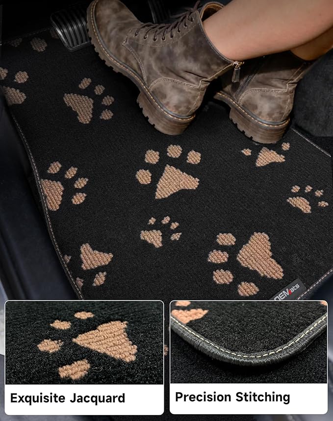 Cute Embroidered Dog Paw Car Floor Mats for Pet Lovers, Universal Fit All Weather Car Mats with Anti-Slip Nibbs Backing, Carpet Floor Mats for Cars, Trucks & Sedans, Full Set of 4 (Brown Paw)