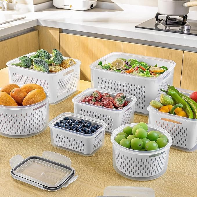 5 PCS Fruit Storage Containers for Fridge, Leakproof Produce Containers for Fridge with Removable Colander, Microwave/Dishwasher Safe Fruit Washing Bowl Keep Fruits, Vegetables, Berry Fresh longer