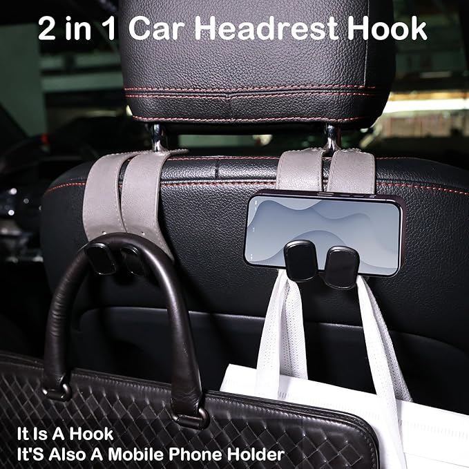 ENOCHT Double Car Seat Hooks for Headrest Purse Hook for Car TPE Back Seat Headrest Hooks for Mobile Phone Holder Handbags Bags Car Backseat Organizer Accessories(Gray- 2 Pack)