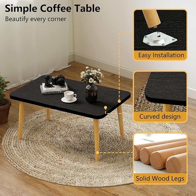 Square Coffee Table Low Table with 4 Solid Wood Sturdy Legs,Floor Table Desk for Sitting on The Floor,19.7"D x 31.5"W x 16"H Inches,Living Room/Toy room Furniture,Rental house Furniture(Black-Square)