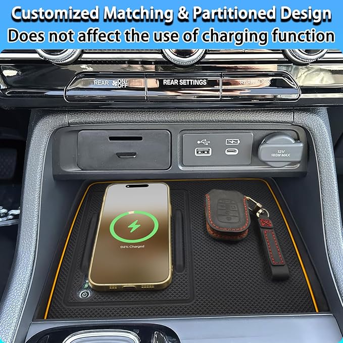 Center Console Silicone Mat Fit for Honda Pilot Accessories 2023-2025 2026 for Passport Accessories 2026 Wireless Charging Mat Non-Slip Protector Pad (Orange)