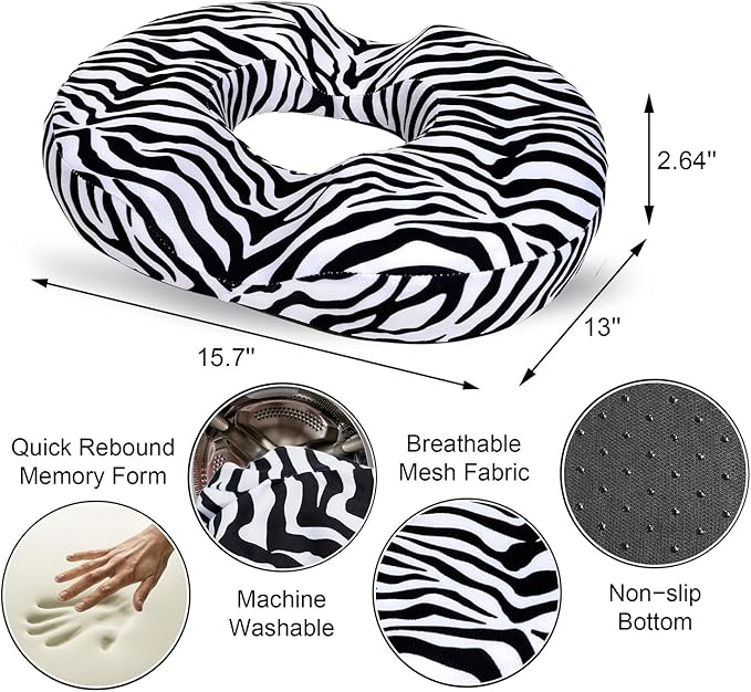 Donut Pillow for Hemorrhoids Seat Cushion for Tailbone Pain Relief - Zebra Print Home Office Chair Cushion for Long Sitting Work - Memory Foam Car Seat Cushions for Driving Butt Pain Pressure Relief