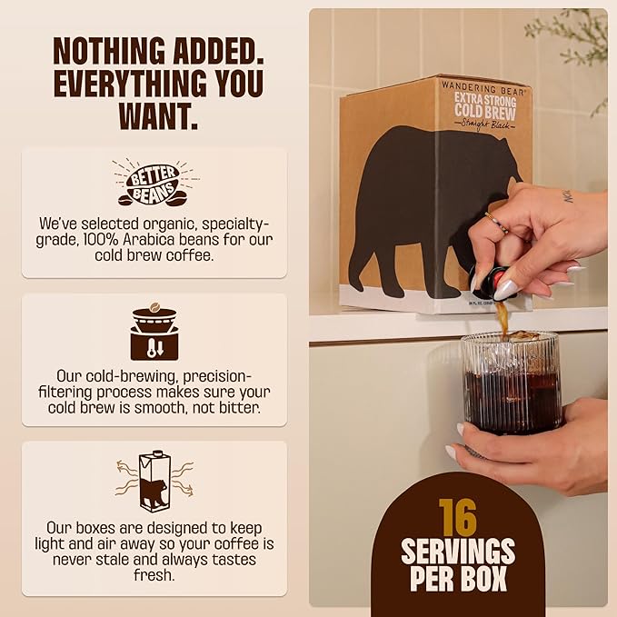 Wandering Bear Espresso Roast Organic Cold Brew Coffee On Tap, Iced Coffee Drink - Extra Strong, Smooth, No Sugar Added, Shelf-Stable, Ready to Drink, 100% Organic & Vegan - 16 Servings of 6fl.oz - 96fl.oz