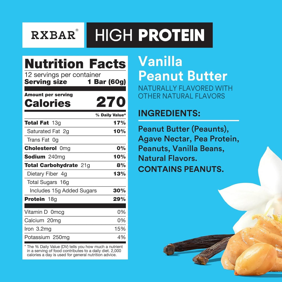 RXBAR High Protein Bars, Gluten Free, Protein Snacks, Vanilla Peanut Butter, 25.3oz Box (12 Bars)