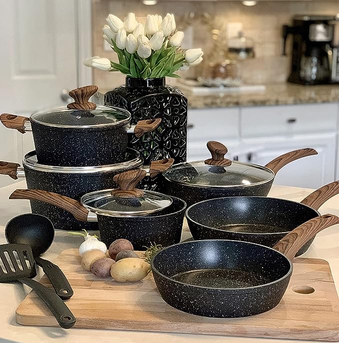 Kitchen Academy Induction Cookware Sets - 12 Piece Pots and Pans Set Non Stick, Black Granite Nonstick Cooking Pan Set(PFOS, PFOA Free)