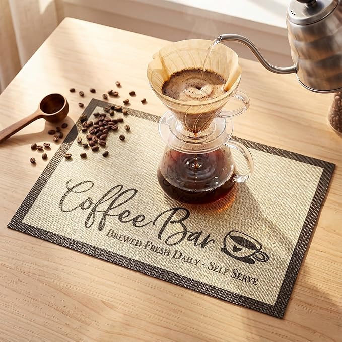 Artoid Mode Coffee Bar Mats Set of 2, 12x18 Inch Washable Non-Slip Plastic PVC Vinyl Table Mats for Coffee Machine, Countertops