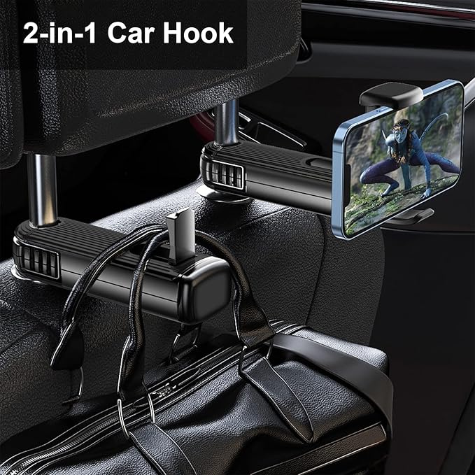 Car Headrest Hidden Hook, New Upgraded 2 in 1 Car Seat Hook with Phone Holder, 360° Rotation Car Hooks for Purses and Bags, Grocery Bag & Handbag (Black - 2PCS)