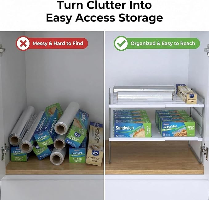 YAN & HIN 2 Pack Expandable Cabinet Organizer Shelf, 3-Tier Kitchen Cabinet Organizer for Tupperware & Food Container Storage, Adjustable Pantry Shelf Organizer for Bottles, Lids & Countertop