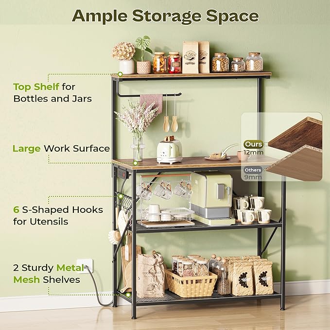 Huuger 4-Tier Bakers Rack with Reversible Power Outlet, 31.5 Inch Microwave Stand, Kitchen Coffee Bar, with Top Shelf, 6 S Hooks, Rustic Brown