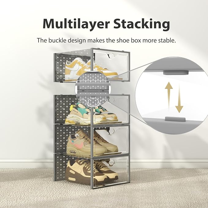 Pinkpum 12 Pack XXL Shoe Storage Box Fit for Size 14, Clear Plastic Stackable Shoe Organizer for Closet, Shoe Containers Sneaker Storage Clear and Grey