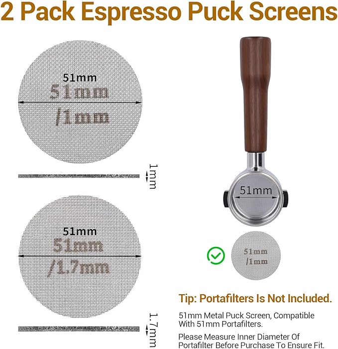 2 Pack 51mm Espresso Puck Screen, 1.7mm and 1.0mm Thickness Metal Contact Screen for 52-54mm Portafilter Stainless Steel Filter Mesh Plate
