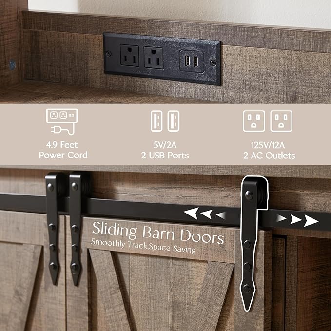 Wnutrees Farmhouse Coffee Bar Cabinet with Charging Station and USB Ports, Sliding Barn Door, 39" Kitchen Hutch Sideboard Buffet Storage Cabinet, Fits Kitchen Dining Living Room, Rustic Brown