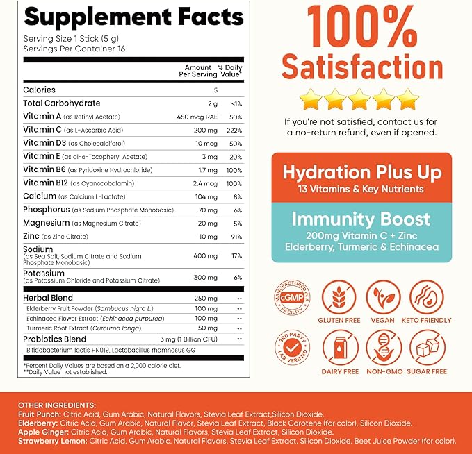 Venture Pal 2-in-1 Hydration + Immune Electrolytes Powder Packets with 7 Electrolytes & 6 Vitamins, Elderberry, Turmeric, Echinacea | Liquid Daily IV Drink Mix | Sugar Free | Keto Friendly, 16 Sticks