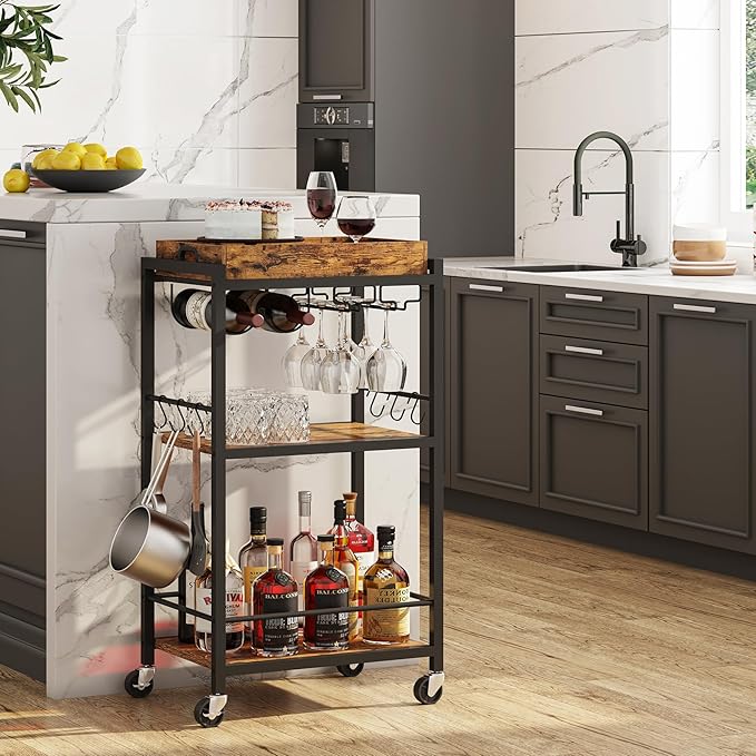 TUTOTAK Bar Cart with Removable Tray, Home Bar Serving Cart, Drink Cart, Mobile Kitchen Shelf with Wine Rack and Glass Holder, Rolling Beverage Cart for Living Room, Kitchen, Brown BC01BB036
