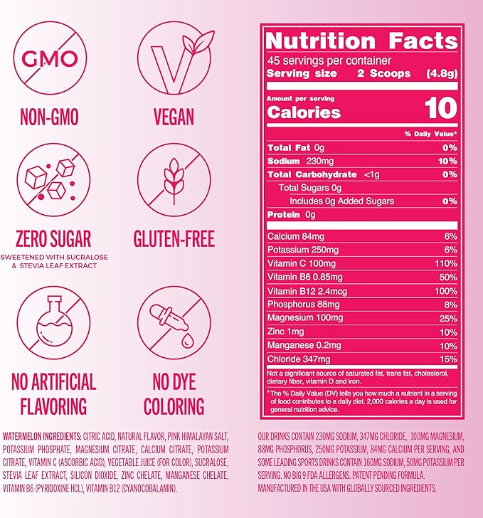 TREVI™ Sugar Free Electrolytes - Everyday Hydration Drink Mix Hydration Powder Multi Serving Tub - 45 Serving - Watermelon