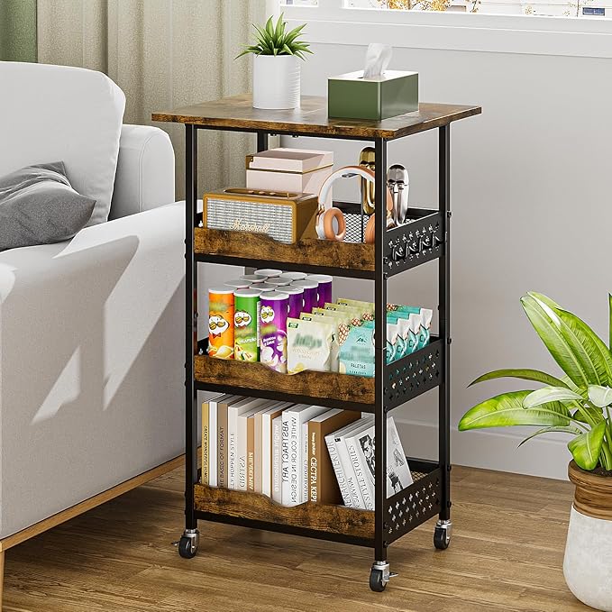 Giwil 4-Tier Rolling Kitchen Cart, Microwave Stand with Wooden Top Coffee Station Table Snack Rack Organizer, Utility Cart on Wheels for Onions Potatoes, Black
