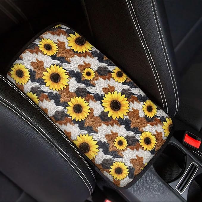Sunflower Cow Print Center Console Cover Car Center Console Cover Fashion Auto Interior Protect from Pet Claws Car Console Covers Fit for Most Cars, Vehicles, SUVs