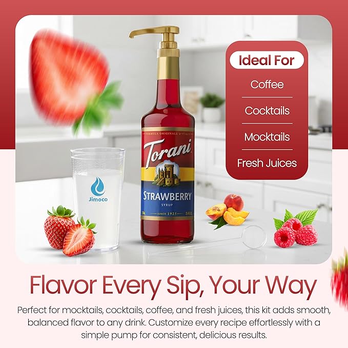 Jimoco Barista Set – Torani Raspberry, Strawberry & Peach Syrups (25.4 oz Each) with 3 Jimoco Syrup Pumps, Reusable Cups, Straws & Stirrers – Coffee, Italian Soda & Cocktail Flavoring Kit