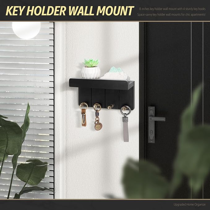 Rebee Vision Small Key Holder Wall Mount - Decorative 8 inch Key and Mail Holder for Wall with Shelf and 4 Sturdy Hooks for Aesthetic Room Decor - Perfect Aesthetic Stuff in House Decor (Modern Black)