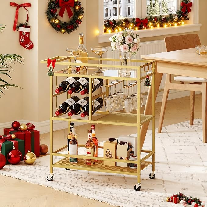 Bar Cart for Home, 3-Tier Serving Cart with Wheels and Handle, Beverage Cart with Wine Rack and Glass Holders, Rolling Wine Cart for Kitchen, Dining Room, Gold RCJ61B01