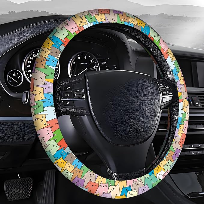 Steering Wheel Covers for Car, Truck, and SUV, Cute Non-Slip Breathable Elastic Steering Wheel, Car Accessories, Universal 15 Inch Leather Cover for Men Women Cute Colorful Cats