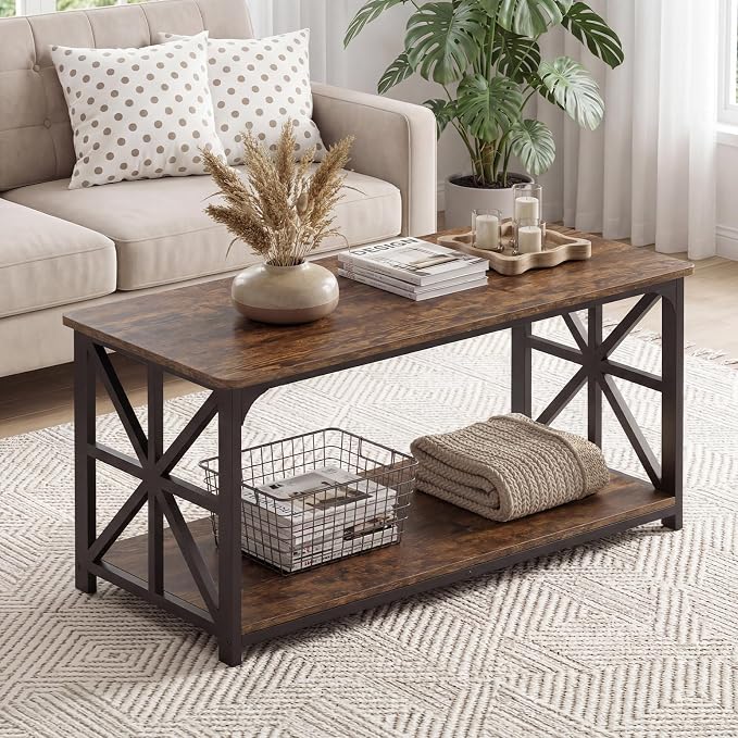 Giantex Farmhouse Coffee Table, 43" Center Table with Storage & X-Shaped Frames, 2-Tier Modern Accent Cocktail Tea Table, Rectangular Wooden Living Room Tables for Small Spaces, Rustic Brown