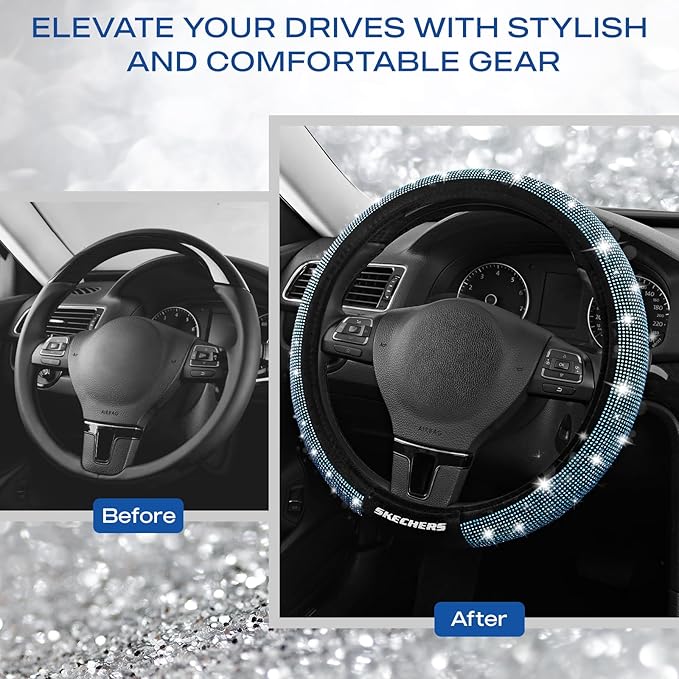 Skechers Women’s Bling Steering Wheel Cover, Velvet with Sparkly Crystal Rhinestones, Stylish Car Interior Gift, Universal Fit 14" 1/2-15" for Cars, SUVs, Trucks, Blue Diamond