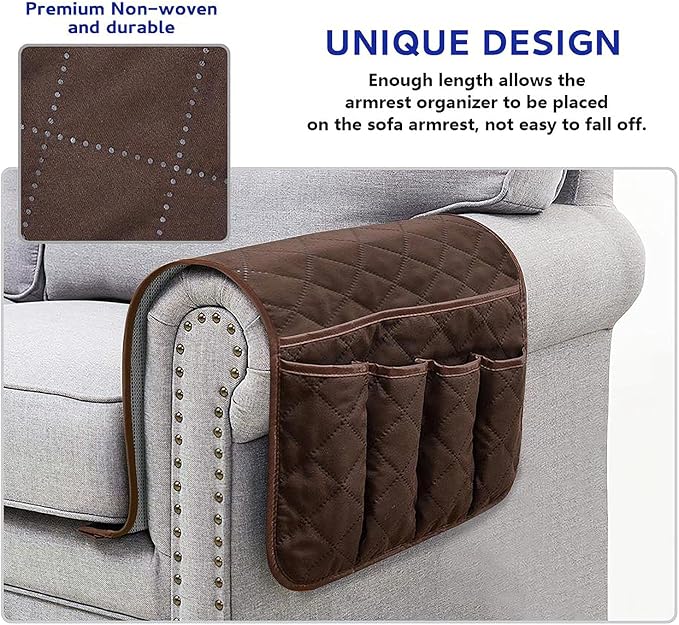 Armchair Caddy for Recliner, Couch Caddy Storage Organizer with 5 Pockets, Non Slip Sofa Arm Organizer for Remote Controls, Phone, Magazines, Tablet (Dark Brown)