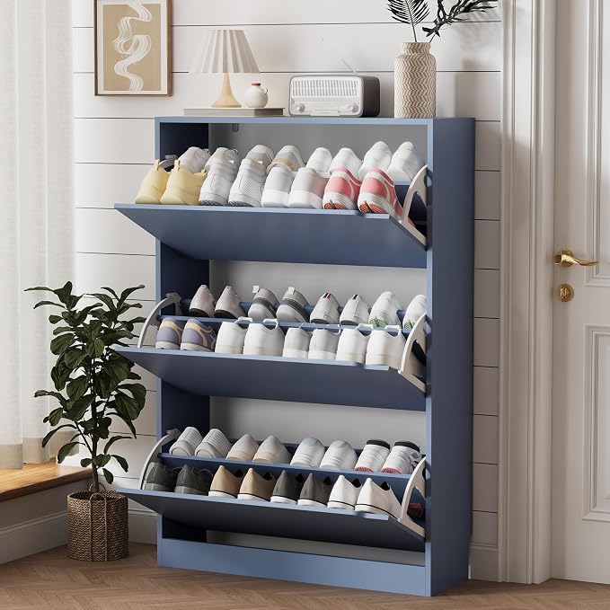 Xixini Shoe Storage Cabinet for Entryway with 3 Flip Drawers, Sturdy Wood Hidden Shoe Storage, Freestanding Narrow Slim Shoe Organizer for Front Door Entrance, Living Room, Hallway, Bedroom, Blue
