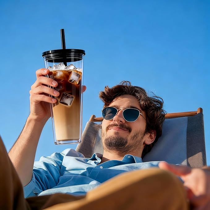 24oz Tumbler with Lid and Straw, Leak Proof and Double Wall Insulated Reusable Plastic Cups,Travel Reusable Iced Coffee Cup (1, Black)