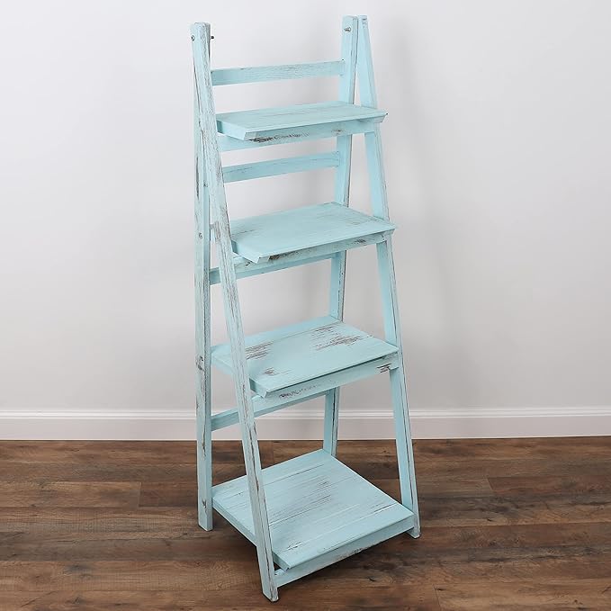 Ladder Shelf - Distressed Leaning Bookshelf (Turquoise)
