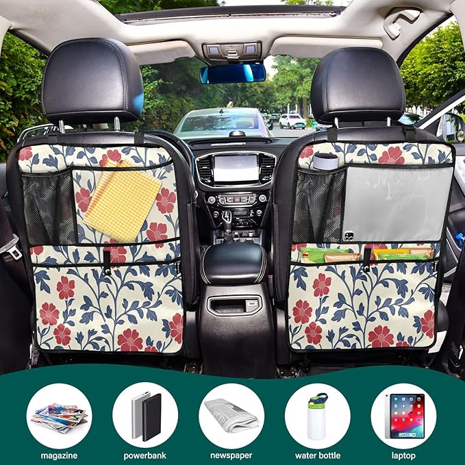 Red and Blue Floral Pattern 2 Pack Multifunctional Car Seat Back Organizer, Backseat Kick Protectors Vehicle Storage Bag with Tablet Holder