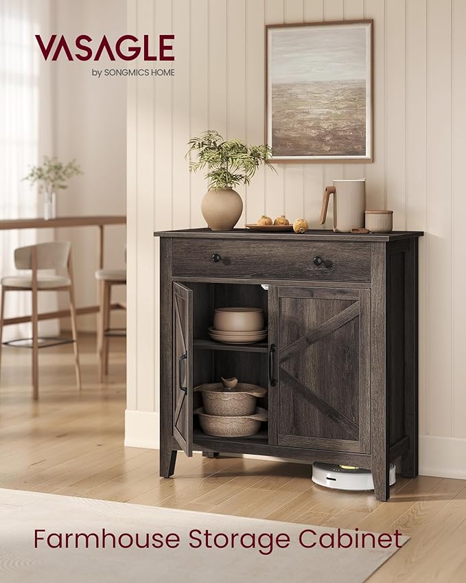 VASAGLE LIRY Collection - Buffet Cabinet, Coffee Bar Cabinet with a Drawer, Adjustable Shelf, Sideboard Storage with Cable Hole, Drawer Divider, Taupe Brown UBBK341TA01S