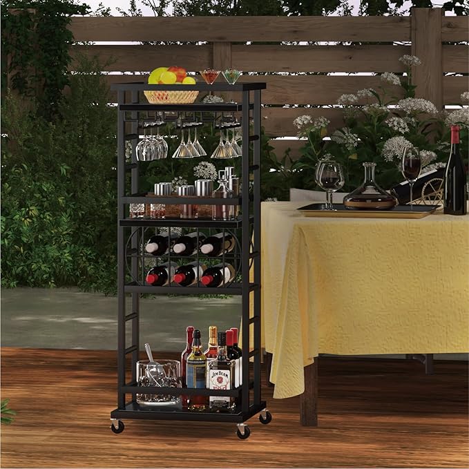 4 Tier Bar Cart with Wheels, Home Bar Serving Cart, Rolling Mini Wine Cart with Wine Rack and Glass Holder, Drink Cart for Dining Room, Living Room, Kitchen, Bar and Outdoor Black