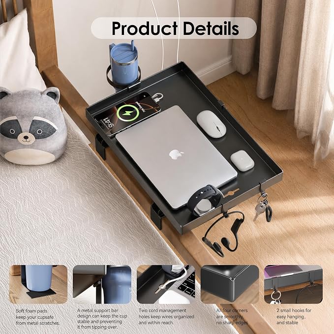 INNOPLUS Foldable Bedside Shelf, Heavy Duty Metal Clip-On Bed Tray Table for Top Bunk Beds,Floating Desk Tray for Dorm Room Essentials Loft Nightstand Organizer with Cup Holder & Cord Holes