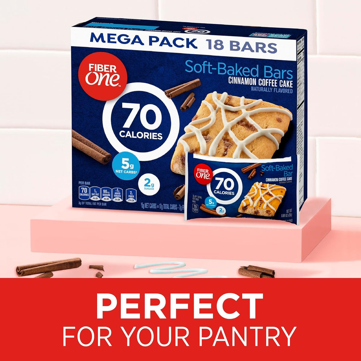 Fiber One 70 Calorie Soft Baked Cinnamon Coffee Cake Bars, 18 Ct, 16 oz Mega Pack, Low Calorie Snack
