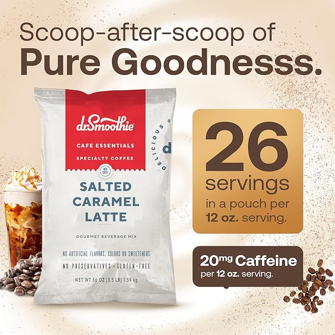 Dr. Smoothie Café Essentials Salted Caramel Latte – No Artificial Colors, Flavors, or Sweeteners – 20mg of Caffeine per Serving – Great for Hot, Iced, & Frozen Frappes (3.5 lb Bag, 26 Servings)